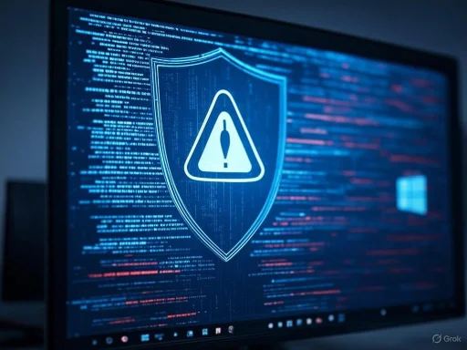 A computer screen displaying a security warning alert with an exclamation mark on a shield graphic. A computer screen displaying a security warning alert with an exclamation mark on a shield graphic.
