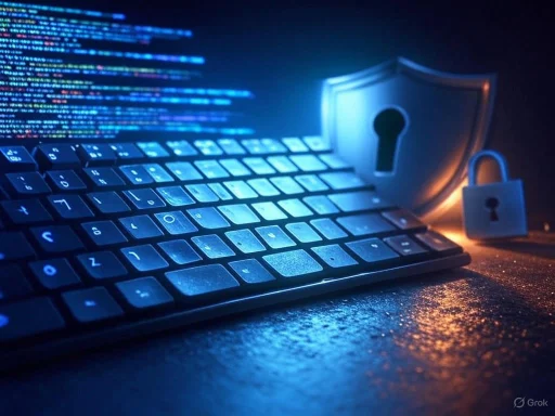 A laptop keyboard illuminated in blue with a shield and padlock symbol, suggesting cybersecurity or data protection.