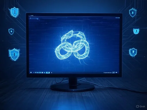 A computer screen displays a digital lock symbol surrounded by security shields, emphasizing cybersecurity.