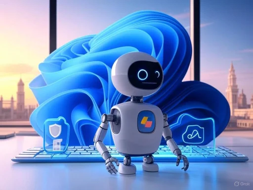 A friendly robot stands in front of a futuristic desktop with digital security icons and a Windows 11 background.