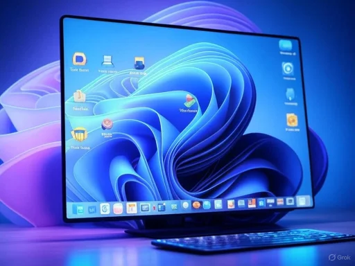 A sleek, modern computer monitor displays a colorful, abstract blue wallpaper with app icons, accompanied by a wireless keyboard and background visuals.