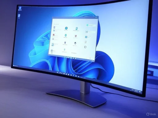 A curved computer monitor displays the Windows 11 desktop with the start menu open in a modern setup.