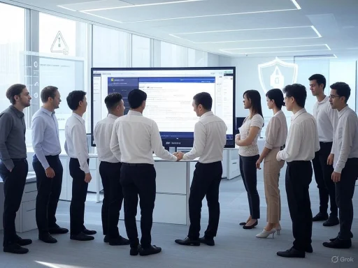 A group of professionals in a modern office watching a presentation on a large screen; two men shake hands in front of the group. A group of professionals in a modern office watching a presentation on a large screen; two men shake hands in front of the group.