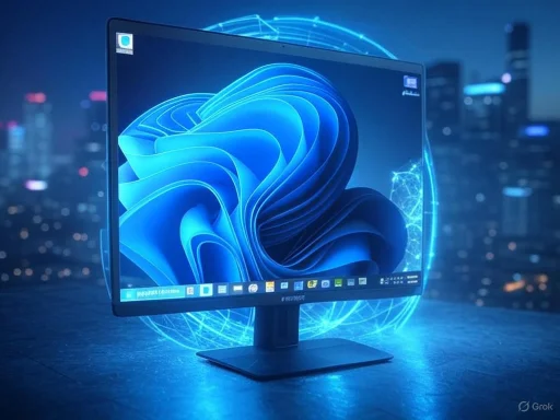 A futuristic-looking computer monitor displays a vivid blue abstract digital design outdoors against a cityscape at night.