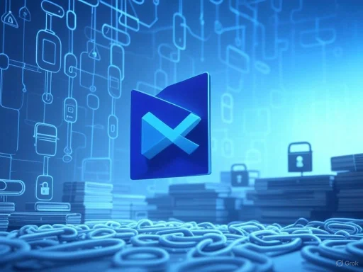 A digital illustration of cybersecurity with padlocks, chains, and a prominent checkmark symbol in blue.