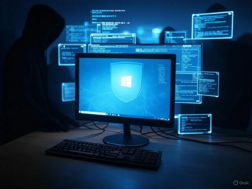 A hacker in a hoodie working on a computer with Windows security shield, surrounded by floating code screens in a dark setting.