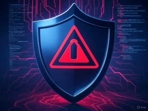 A digital shield with an alert symbol signifies cybersecurity threat or protection.
