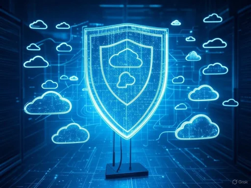 A digital shield icon surrounded by cloud symbols, symbolizing cloud security and protection in cybersecurity.