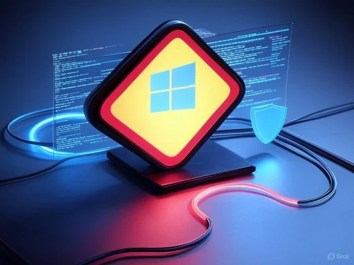 A digital illustration showing a warning sign with Windows logo, surrounded by coding and security shield graphics on a futuristic screen. A digital illustration showing a warning sign with Windows logo, surrounded by coding and security shield graphics on a futuristic screen.