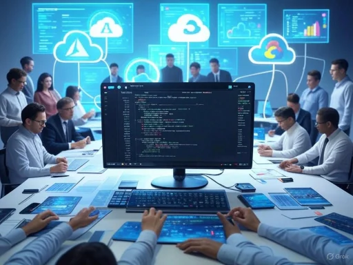Team of professionals in a high-tech meeting, analyzing cloud computing and data visualization on large digital screens.
