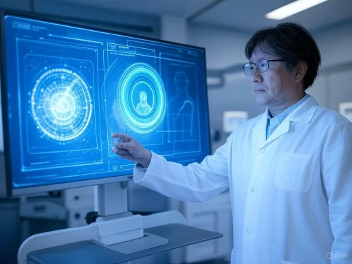 A scientist in a lab coat interacts with a futuristic digital fingerprint recognition interface on a large screen.