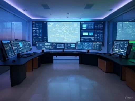 A high-tech control room with multiple monitors displaying data and maps in a sleek, modern environment.
