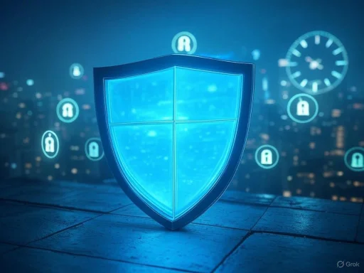 A digital shield symbolizing cybersecurity and data protection, with padlock icons and a cityscape background.