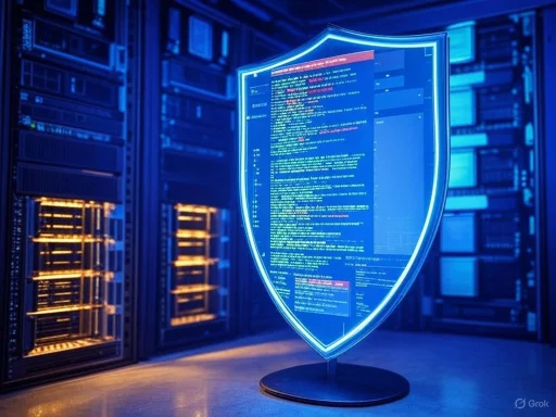 A digital shield with code, symbolizing cybersecurity, displayed in a data center with server racks.