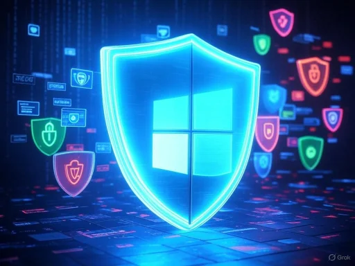 A digital shield with the Windows logo at the center, surrounded by various colorful security icons and data connections.