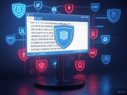 A computer screen displays a shield icon with binary code, surrounded by various digital security shields in a dark background.