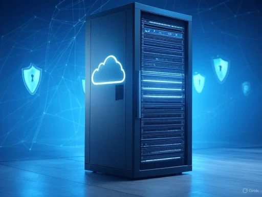A server rack in a data center with cloud and security shield icons, representing cloud storage and cybersecurity.