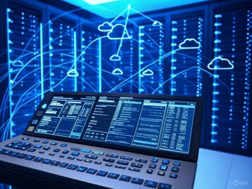 A futuristic data control interface with cloud icons and digital graphs on a touchscreen, against a server room backdrop.