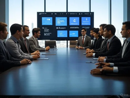 Business meeting with 12 professionals in suits around a conference table in a modern office.
