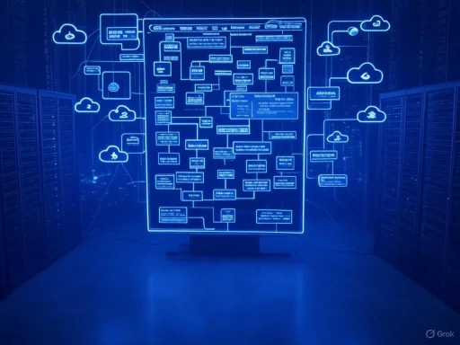 A digital diagram of cloud computing architecture displayed on a glowing blue screen in a server room.