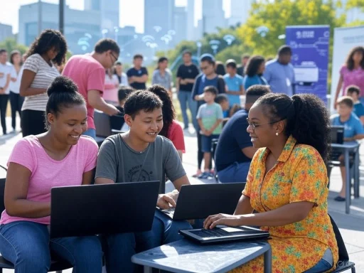 Group of young people happily working on laptops outdoors at a tech event or workshop.