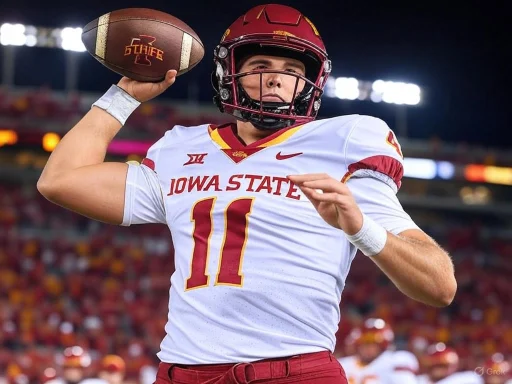 Iowa State football player holding a football behind his head during a game.