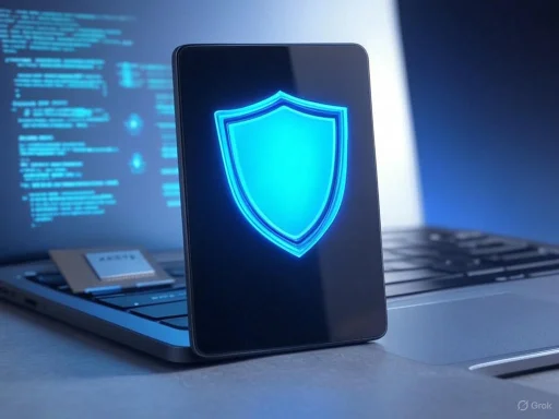 A smartphone with a glowing shield icon on its screen, placed on a laptop with code on the display.