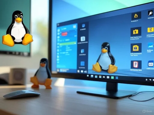 Tux, the Linux mascot, is seen as a figure on the computer monitor and desk, with other penguin figurines nearby.