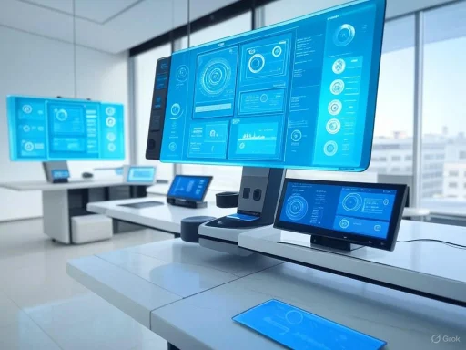 Futuristic control room with multiple large and small blue digital screens displaying data and analytics.