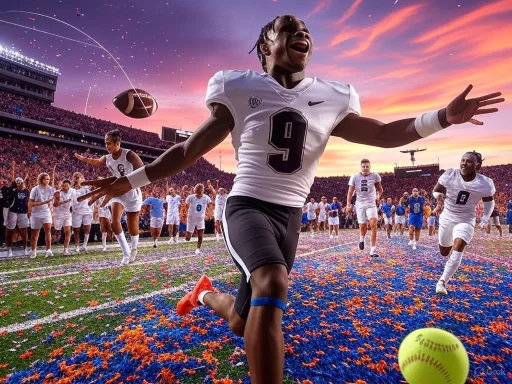 A football player celebrates victory on the field amid a vibrant, colorful crowd and confetti, under a dramatic sunset sky.
