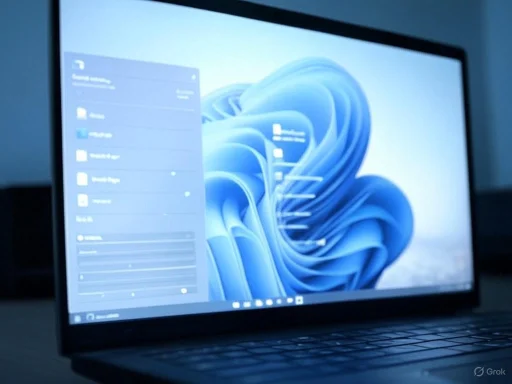 A laptop screen displays the Windows 11 desktop with a blue swirling abstract background. A laptop screen displays the Windows 11 desktop with a blue swirling abstract background.