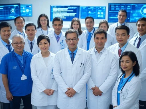 A diverse group of doctors and medical professionals pose together in a modern hospital or research center.