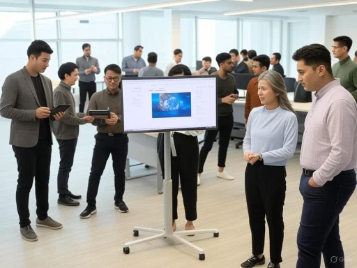 A diverse group of professionals engaging in a presentation or discussion in a modern office setting.