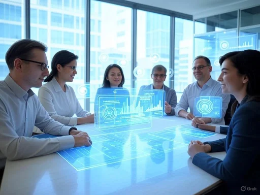 Business meeting with holographic data displays in a modern office conference room.