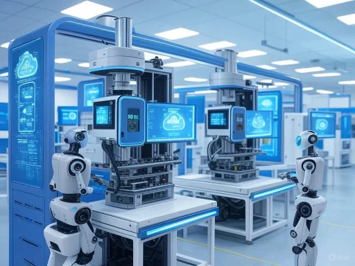 Robots and automated machinery operating in a high-tech manufacturing or research laboratory. Robots and automated machinery operating in a high-tech manufacturing or research laboratory.
