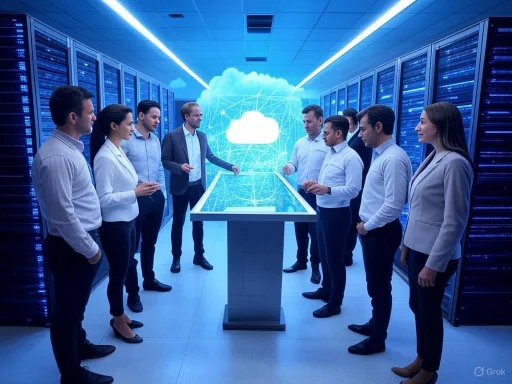 A group of professionals discussing cloud technology around a digital table in a high-tech data center. A group of professionals discussing cloud technology around a digital table in a high-tech data center.