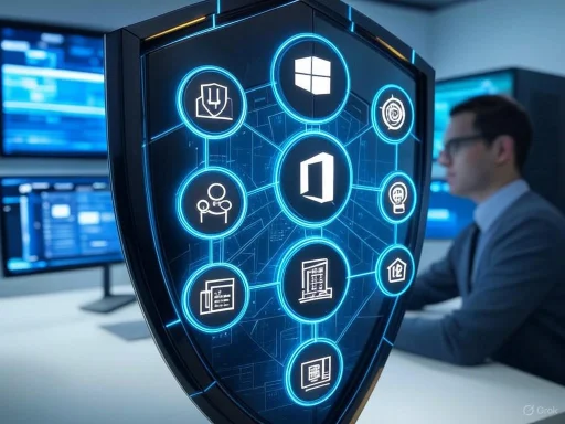 A cybersecurity expert monitors a digital shield displaying security-related icons in a high-tech office environment.
