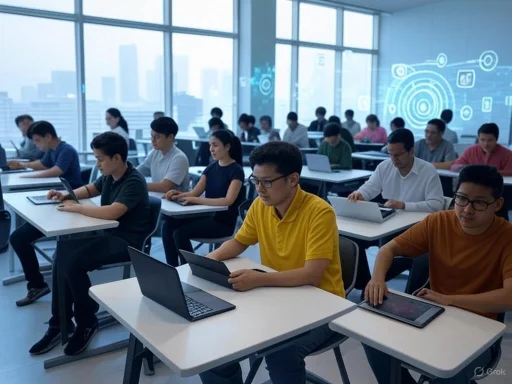 Students are attending a modern classroom or seminar, engaged with tablets and laptops in a bright, high-rise setting. Students are attending a modern classroom or seminar, engaged with tablets and laptops in a bright, high-rise setting.