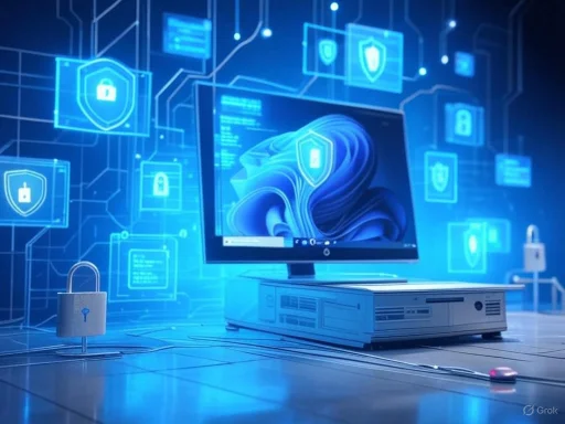 A computer monitor displaying a security shield icon, surrounded by cybersecurity graphics and padlocks on a digital network.