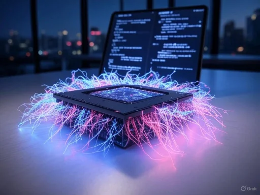 A futuristic device with neon light tendrils on a table, connected to a screen displaying coding or technical data.