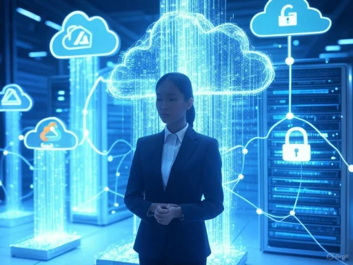 A woman in a suit stands among holographic cloud computing and security icons in a data center.