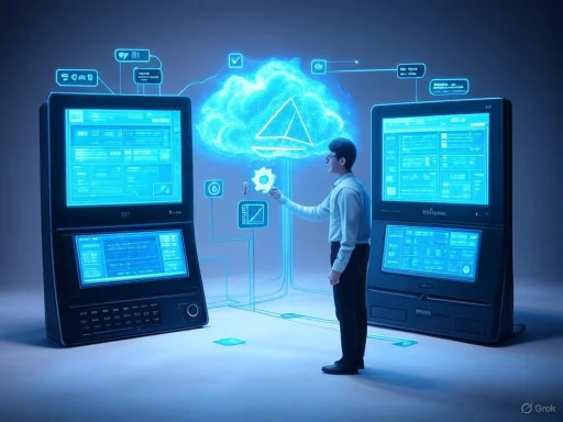 A man interacts with a digital cloud network using futuristic casino-like machines in a high-tech environment.