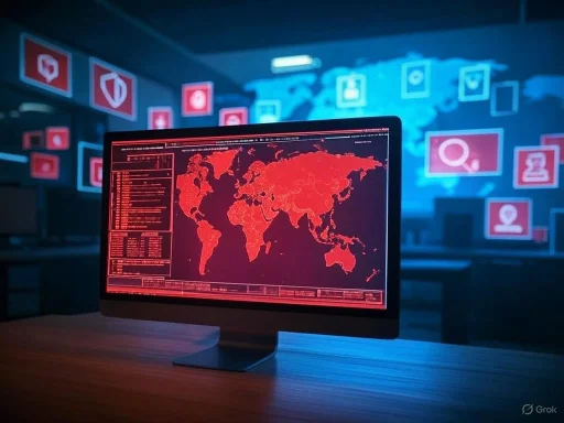 A computer monitor displays a red world map with cyber security data, surrounded by digital icons in a dark high-tech room.