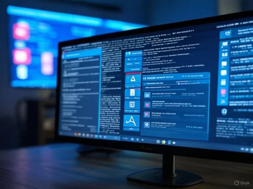 A computer monitor displays complex coding or hacking interfaces in a dark room with a blurry background screen.