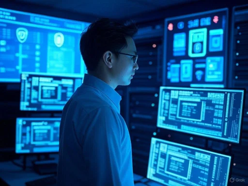 A cybersecurity professional analyzing data on multiple illuminated screens in a dark control room.