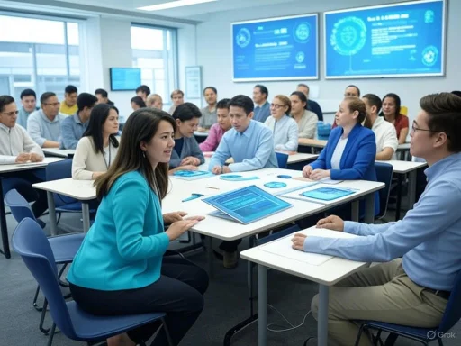 A diverse group of professionals are engaged in a meeting or training session in a modern conference room.