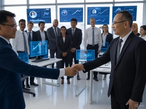Two businessmen shake hands in a modern office with a team of professionals and multiple screens displaying data in the background. Two businessmen shake hands in a modern office with a team of professionals and multiple screens displaying data in the background.