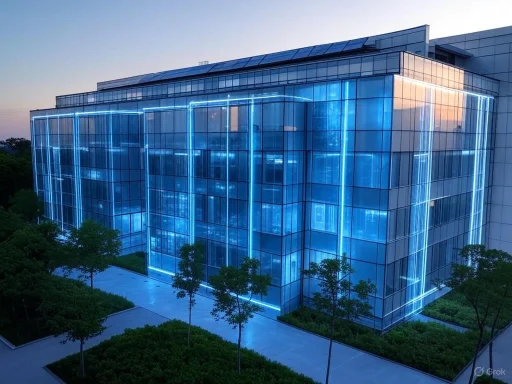 A modern glass building illuminated with blue neon lights at dusk, surrounded by trees and walkways.