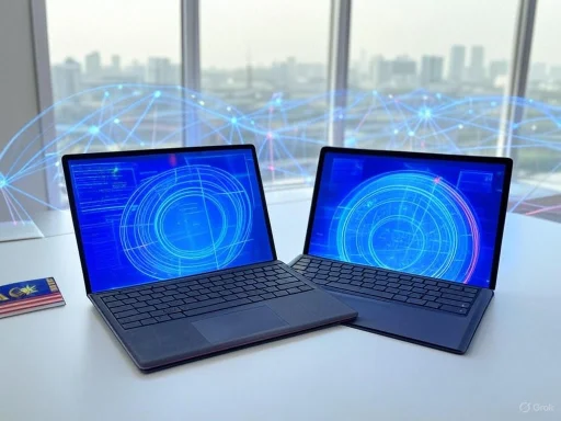 Two laptops with futuristic digital interfaces are displayed on a desk near a window overlooking a cityscape.