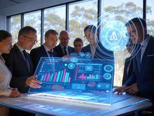 Business professionals analyze holographic data and charts in a modern conference room.